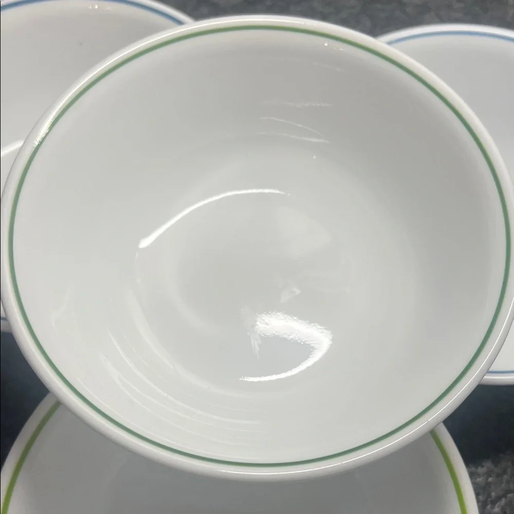 Set of 4 White Corelle SPRING MEADOW cereal bowls with Green and Blue Trim. 6”